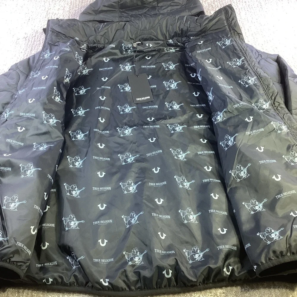 True‎ Religion Onion Quilt Puffer Jacket Black XL Detatchable Hood Full Zip NWT